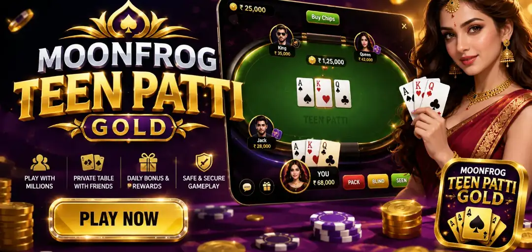 Moonfrog Teen Patti Gold featured image showing a multiplayer Teen Patti card game interface with virtual chips and playing cards. Teen Patti Gold Game TeenPatti lucky Teen Patti Tiger 3 Patti ludo 3 Patti tiger 3 Patti Blue 3 Patti online claim Teen Patti payment 3pattigold 3patti best 3patti gold APK download